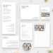 Collection of wedding stationery items including a menu, thank you card, and photo cards on a white background.