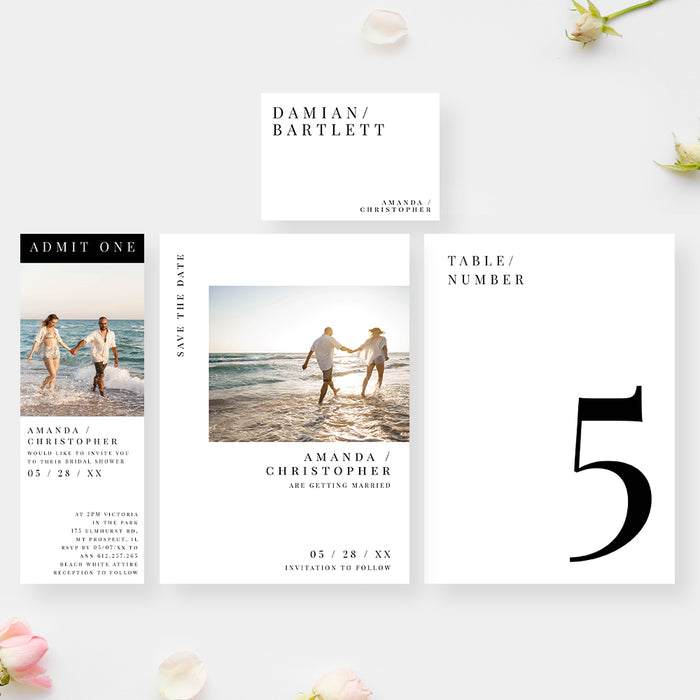 Set of wedding invitations and table numbers with beach theme