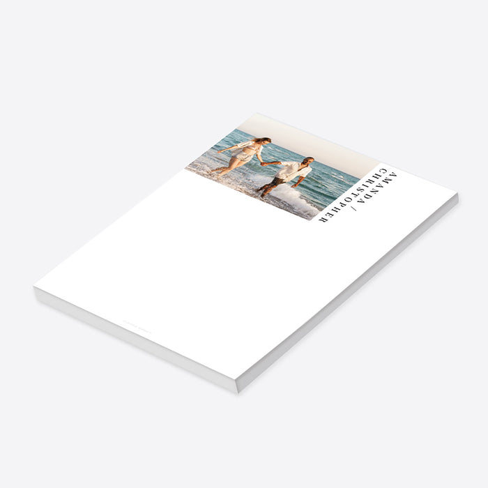 Personalized notepad with a couple’s photo and custom names, perfect for weddings, gifts, and daily writing at home or in the office.-side