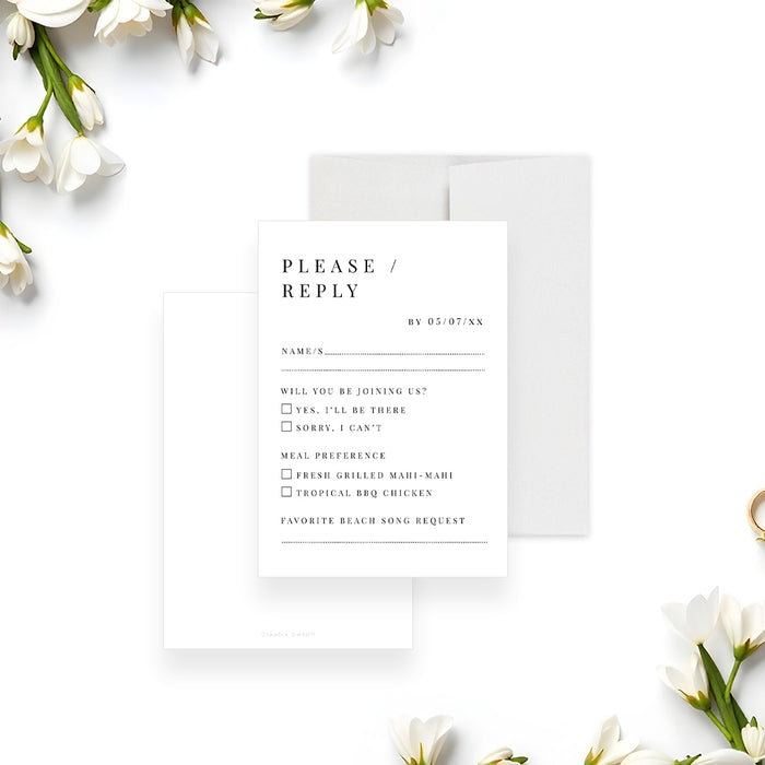 Please reply card with white flowers on a light background