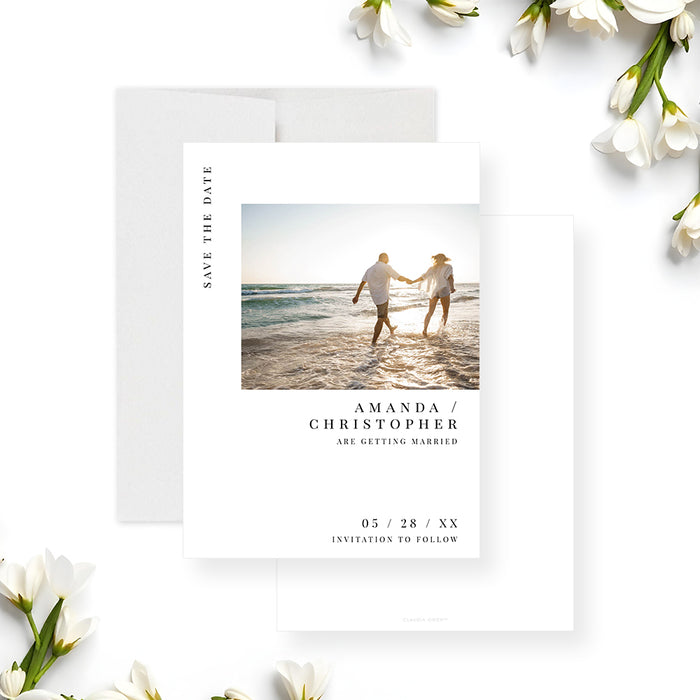 Modern photo save the date card with custom wedding details and elegant minimalist design.-front-back