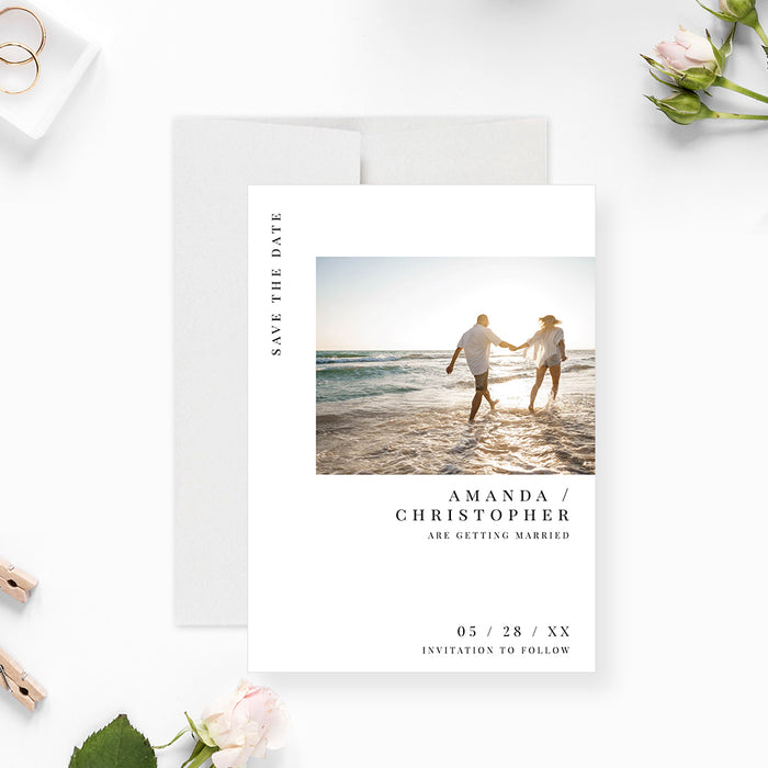 Modern photo save the date card with custom wedding details and elegant minimalist design.-front