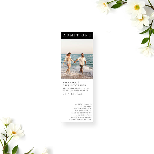 Custom ticket-style wedding invitation featuring the couple’s photo, suitable for weddings, engagements, and special events.