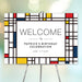 Mondrian-inspired birthday welcome sign with navy, red and yellow geometric artwork, customizable for Patrick's birthday celebration displayed on an easel.