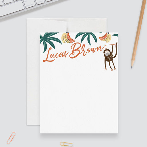 Personalized monkey note card jungle stationery set featuring playful monkey and banana tree illustration perfect for kids’ birthday thank‑you notes