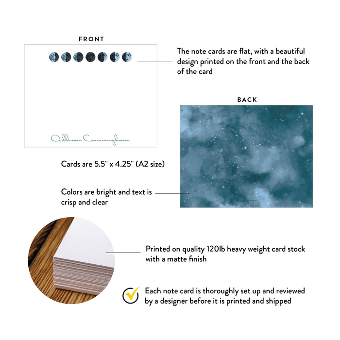 Front and back of personalized moon phase note cards showing A2 dimensions and matte cardstock details.
