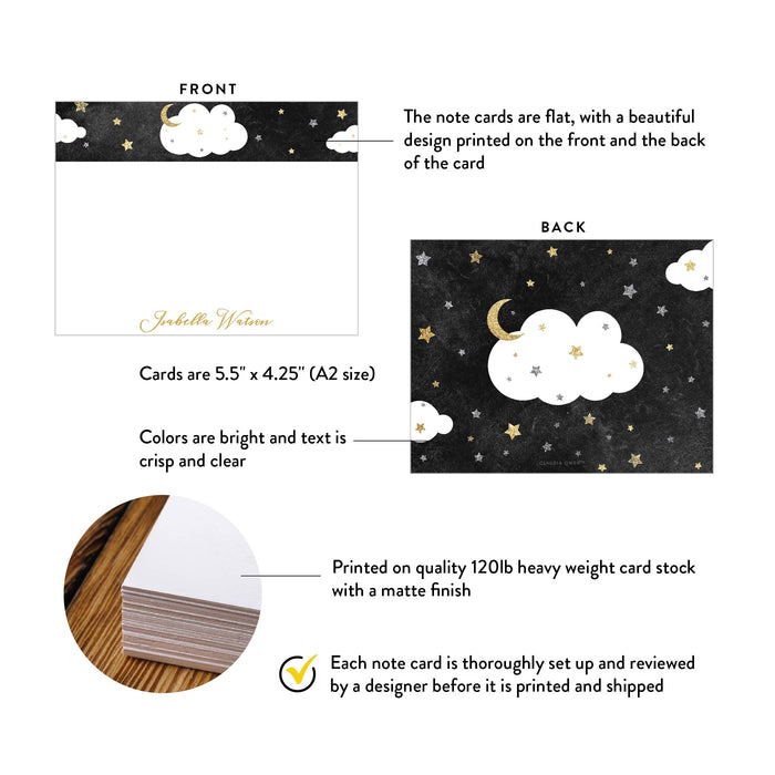 Specifications graphic showing the front and back of personalized moon and stars baby shower thank you cards, A2 size 5.5 × 4.25 inches and matte cardstock.