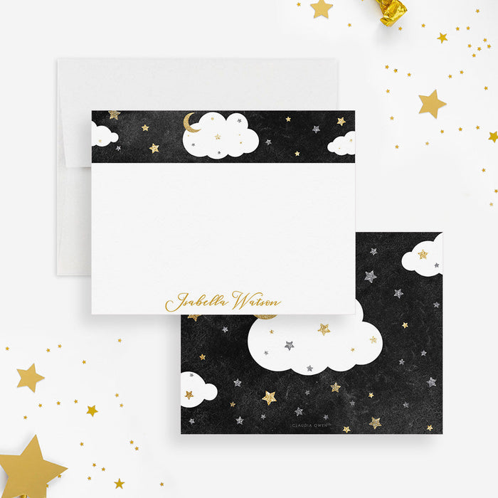Front and back of personalized note cards with clouds, a crescent moon, stars and a personalized name and a black celestial back with clouds, a crescent moon and stars.