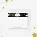 Personalized note card with clouds, a crescent moon, stars and a personalized name, shown with a white envelope.