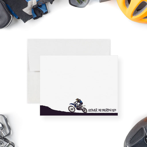 Personalized motorcycle-themed stationery set featuring motocross rider illustrations, perfect for bikers and motorcycle lovers.

