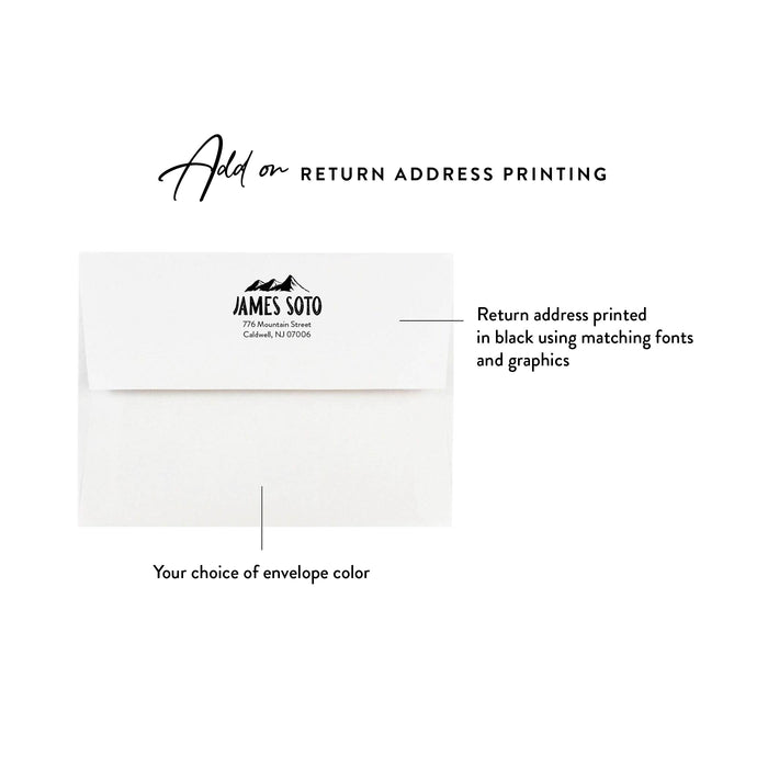 Optional return address printing on a white envelope flap with black mountain peaks above the name and address.