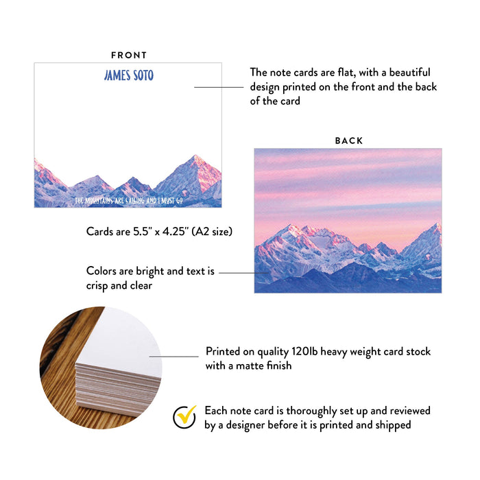 A2 note card specifications: 5.5 × 4.25 inches, double-sided printing and heavyweight 120 lb matte cardstock.
