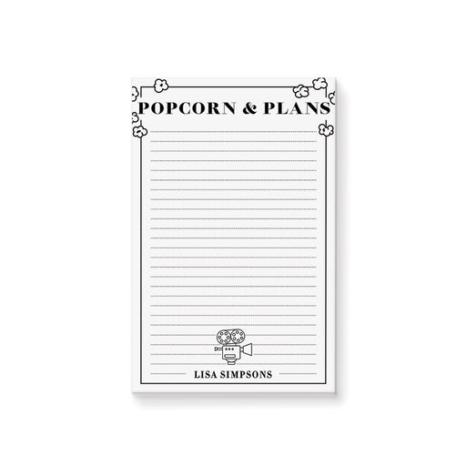 Personalized movie night notepad with Popcorn & Plans heading, popcorn border, vintage movie camera and custom name