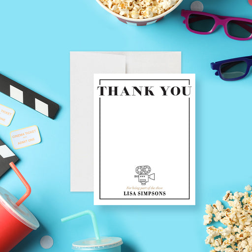 Personalized movie night thank you card with classic cinema design, movie camera illustration and custom name-front