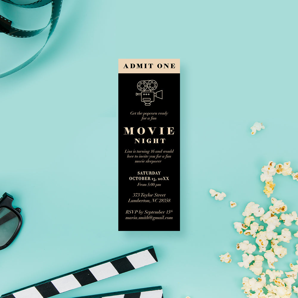 Personalized movie night ticket invitation with Admit One header, vintage movie camera and custom birthday party details