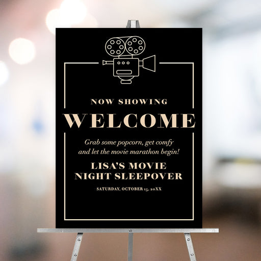 Personalized black movie night welcome sign with vintage movie camera, cream lettering, guest name and sleepover date