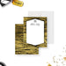 Personalized Movie Night Thank You Cards. Front and matching printed black and gold striped back displayed with a white envelope.