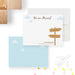 Front and back of personalized note cards with a wooden moving sign, blue sky, clouds and personalized new address details and a blue sky and cloud patterned back.