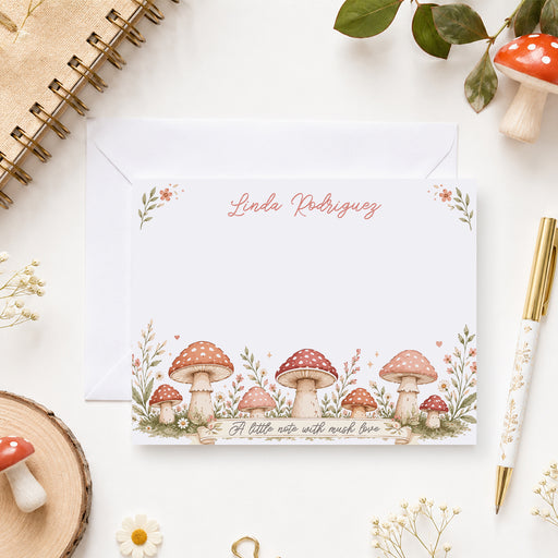 Personalized mushroom note card featuring woodland mushrooms wildflowers custom name and cottagecore floral stationery design