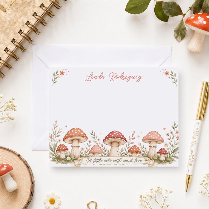 Personalized mushroom note card featuring woodland mushrooms wildflowers custom name and cottagecore floral stationery design