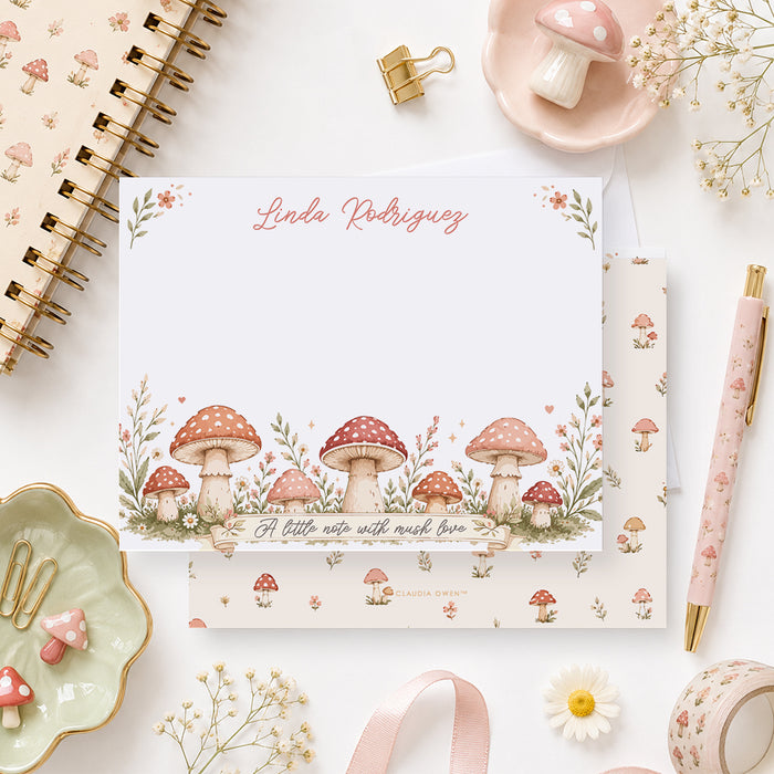 Personalized mushroom note card featuring woodland mushrooms wildflowers custom name and cottagecore floral stationery design
