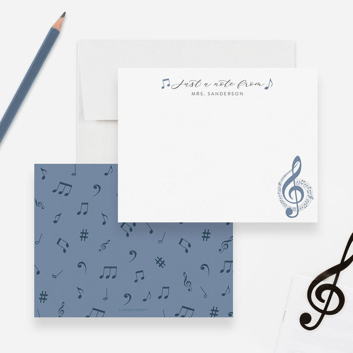 Music note stationery set for teachers featuring custom name