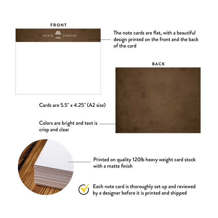 Front and back of personalized mustache and top hat note cards showing A2 dimensions and matte cardstock details.