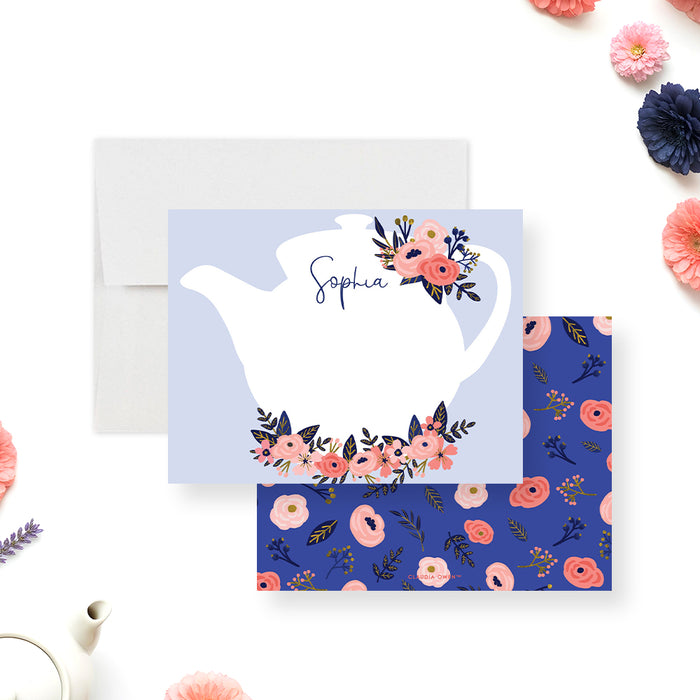 Personalized floral tea party note card with teapot illustration and custom name for elegant stationery.-front-back