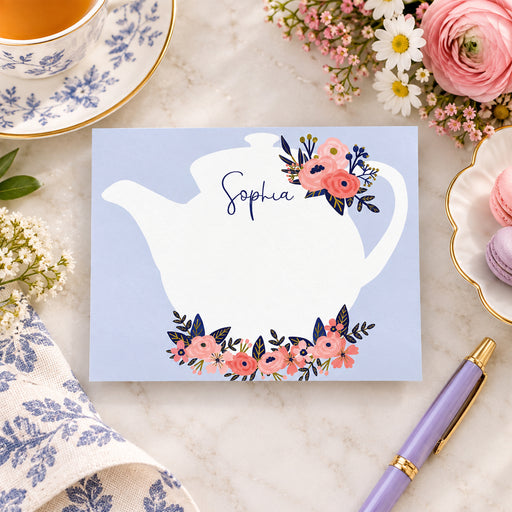 Personalized floral tea party note card with teapot illustration and custom name for elegant stationery-front