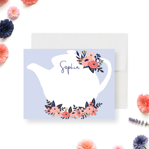 Personalized floral tea party note card with teapot illustration and custom name for elegant stationery.-front