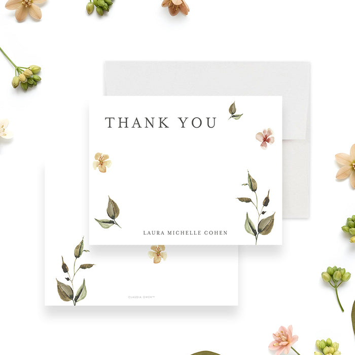 Floral thank you card featuring botanical illustrations and elegant lettering for Bat Mitzvah celebrations or everyday stationery use.-front-back