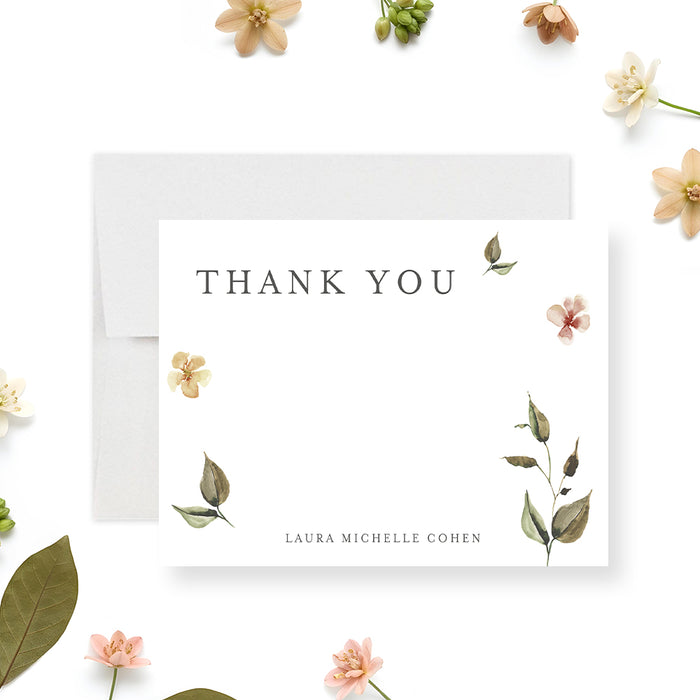 Floral thank you card featuring botanical illustrations and elegant lettering for Bat Mitzvah celebrations or everyday stationery use.-front