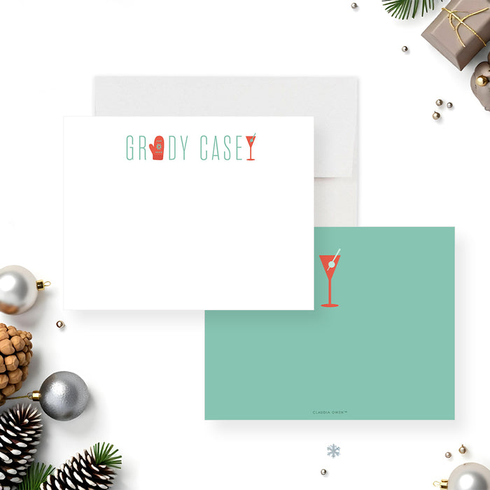 Winter cocktail thank you note card with mitten and martini glass illustration, personalized holiday stationery for festive notes.-front-back