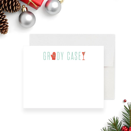 Winter cocktail thank you note card with mitten and martini glass illustration, personalized holiday stationery for festive notes.-front