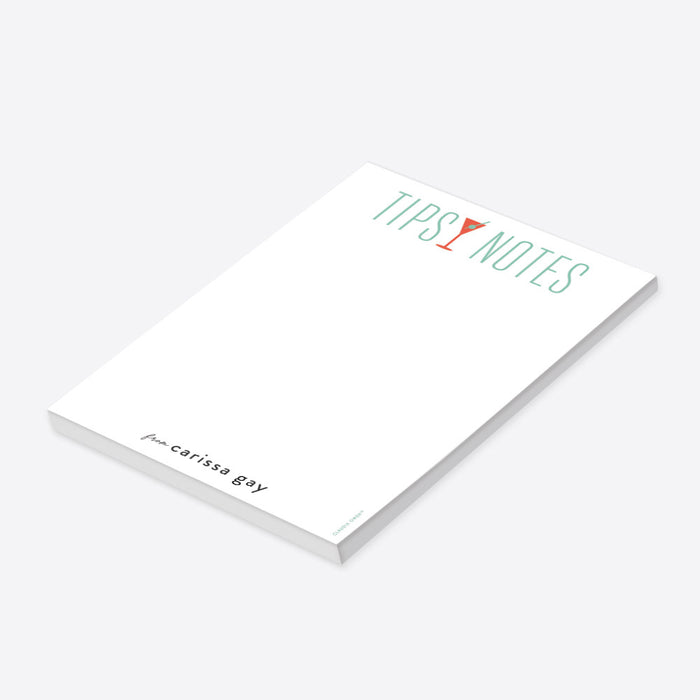 Personalized cocktail notepad with martini glass illustration and modern lettering, fun stationery for cocktail lovers and party hosts.-side