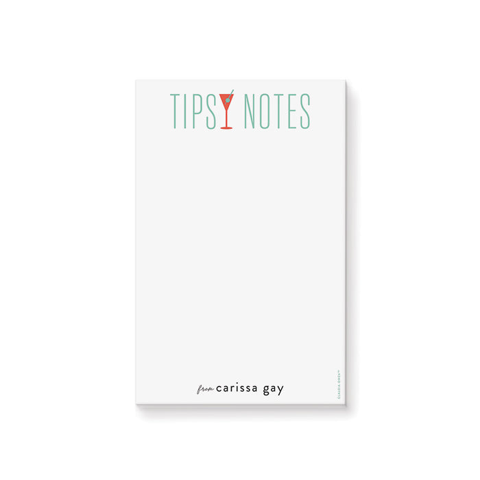 Personalized cocktail notepad with martini glass illustration and modern lettering, fun stationery for cocktail lovers and party hosts.