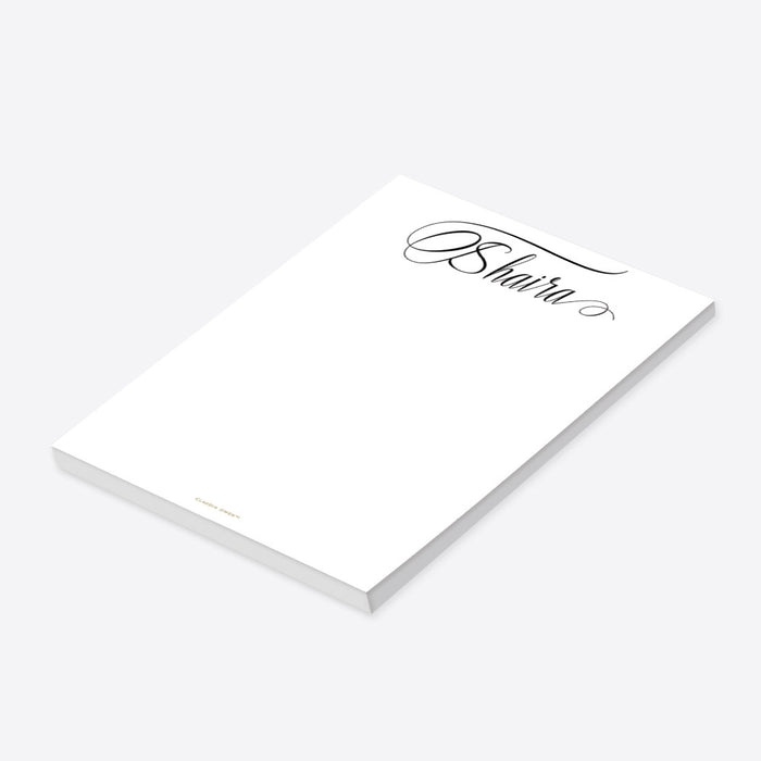 Personalized white name notepad for women with elegant black script and spacious blank writing area-side