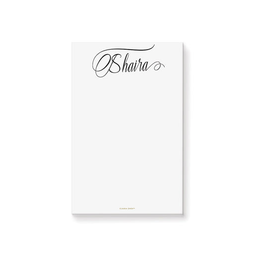 Personalized white name notepad for women with elegant black script and spacious blank writing area
