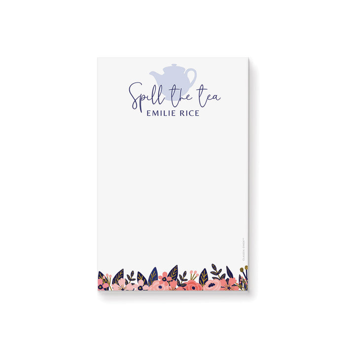 Floral tea party notepad with teapot illustration and pink flowers, personalized stationery for notes, lists, and tea party planning.