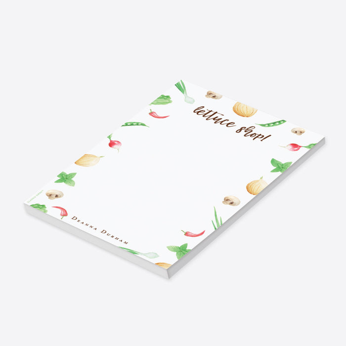 Personalized vegetable themed notepad with illustrated vegetables and playful lettering, ideal as a chef gift or food lover stationery.-side