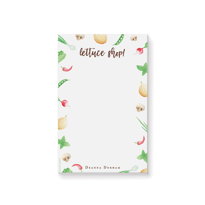 Personalized vegetable themed notepad with illustrated vegetables and playful lettering, ideal as a chef gift or food lover stationery.