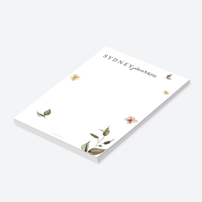 Personalized botanical notepad featuring delicate floral illustrations and elegant lettering for stationery, gifts, or Bat Mitzvah celebrations.-side