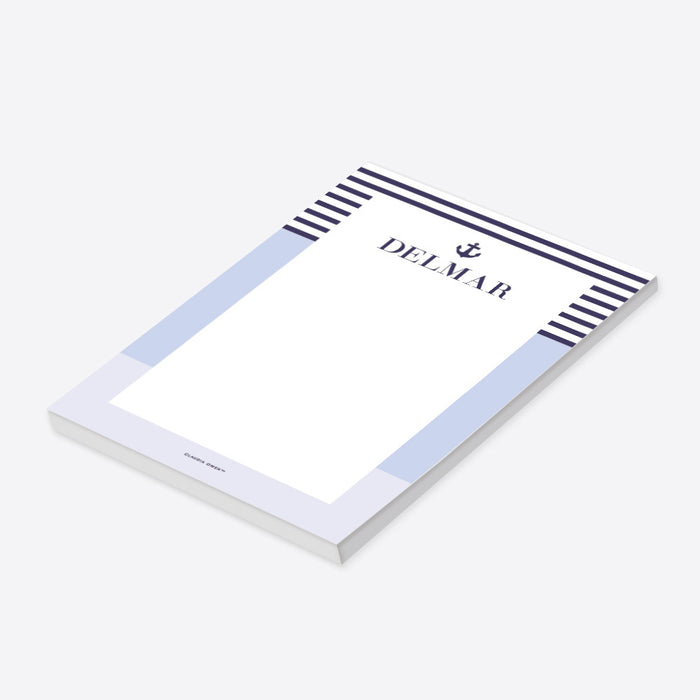 personalized nautical notepad with navy stripe border anchor motif and custom name-side