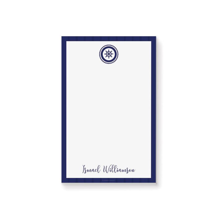 personalized nautical notepad with navy blue border, ship wheel emblem, and custom name for a baby shower gift