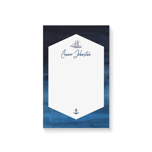 personalized nautical notepad with sailboat illustration, anchor detail, ocean blue background, and custom name