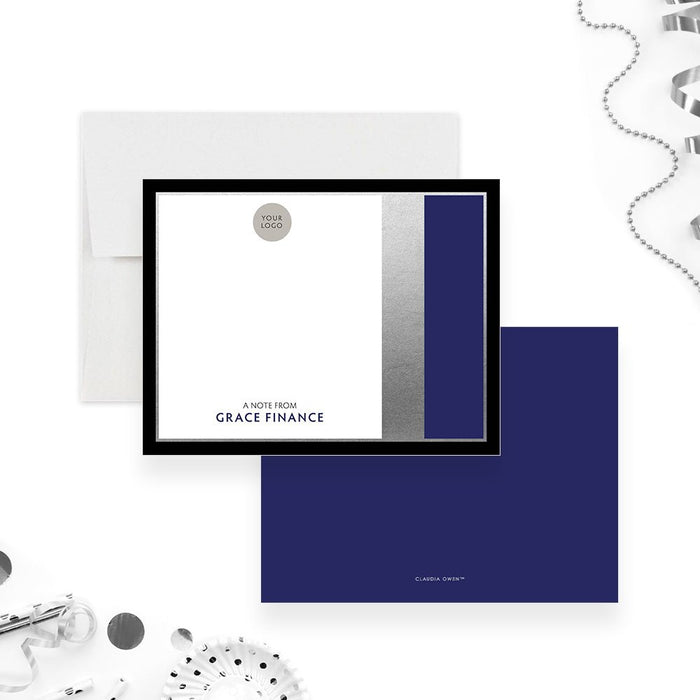 Personalized Navy and Silver Business Note Cards. Front and matching navy back with small business wording displayed with a white envelope.