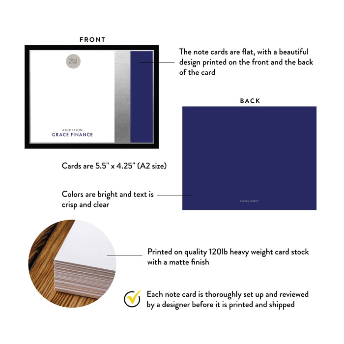 Product details for personalized navy and silver business note cards: front and back designs, A2 size, matte cardstock, and design proof.