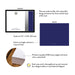 Product details for personalized navy and silver business note cards: front and back designs, A2 size, matte cardstock, and design proof.