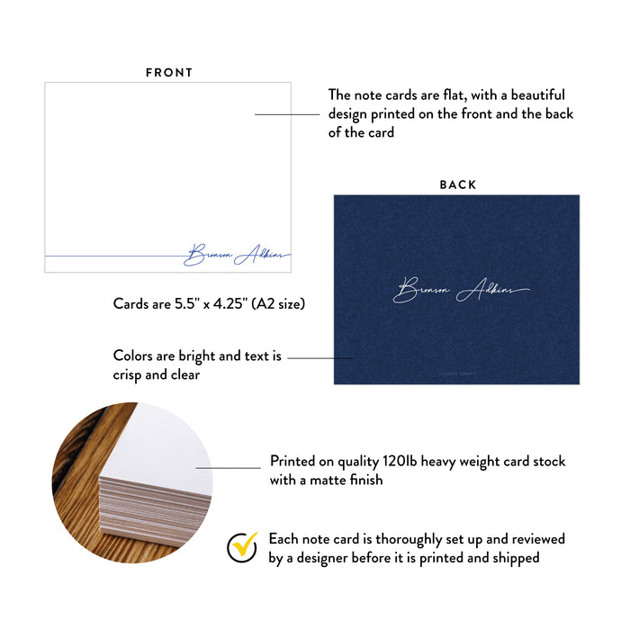 Front and back of personalized navy and white script note cards with A2 size and matte cardstock details.
