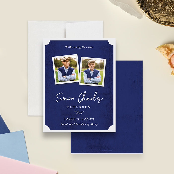 Personalized navy blue memorial card with two photos, name, message, and remembrance details-front-back